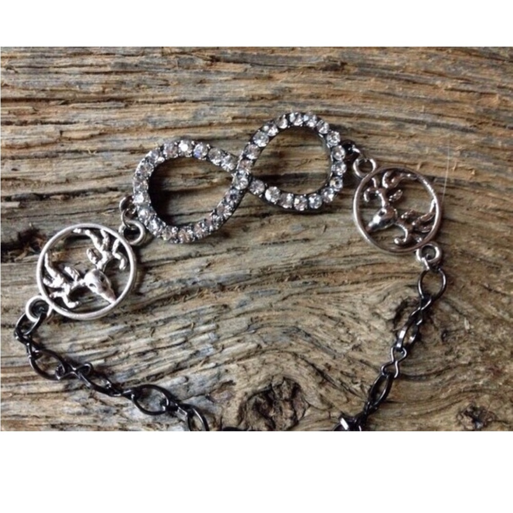 Deer infinity knot bracelet, deer rhinestones, deer skull, bone collector deer